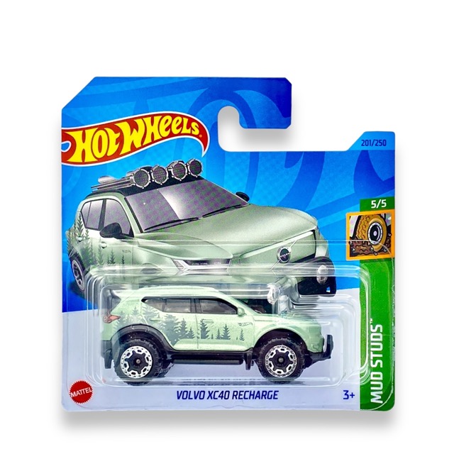 Hot Wheels Volvo XC40 Recharge (Light Green) - 5/5 Mud Studs - 2023 - 201/250 (Short Card) - COMES IN A KLAS CAR KEEPER HOT WHEELS PROTECTOR COLLECTORS CASE - HKG55